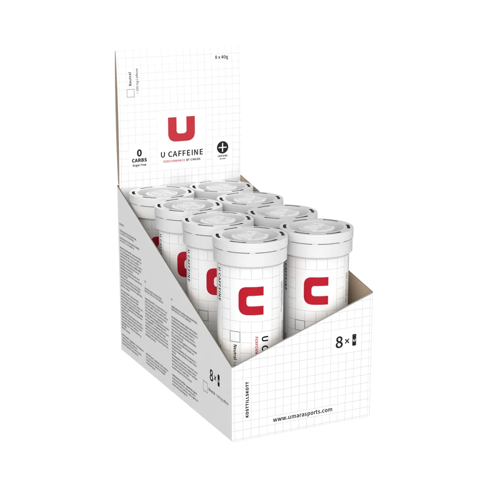 Umara U Caffeine – koffeinbrustabletter, 100 mg - Neutral, 8 rör × 10 tabletter – produktförpackning